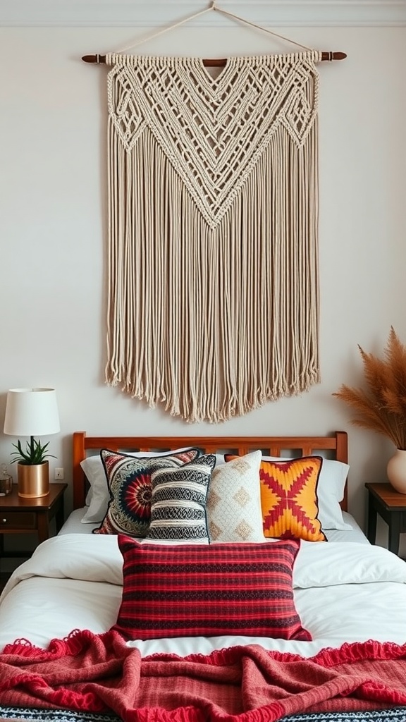 A beautifully crafted macrame wall hanging over a cozy bed with colorful pillows.