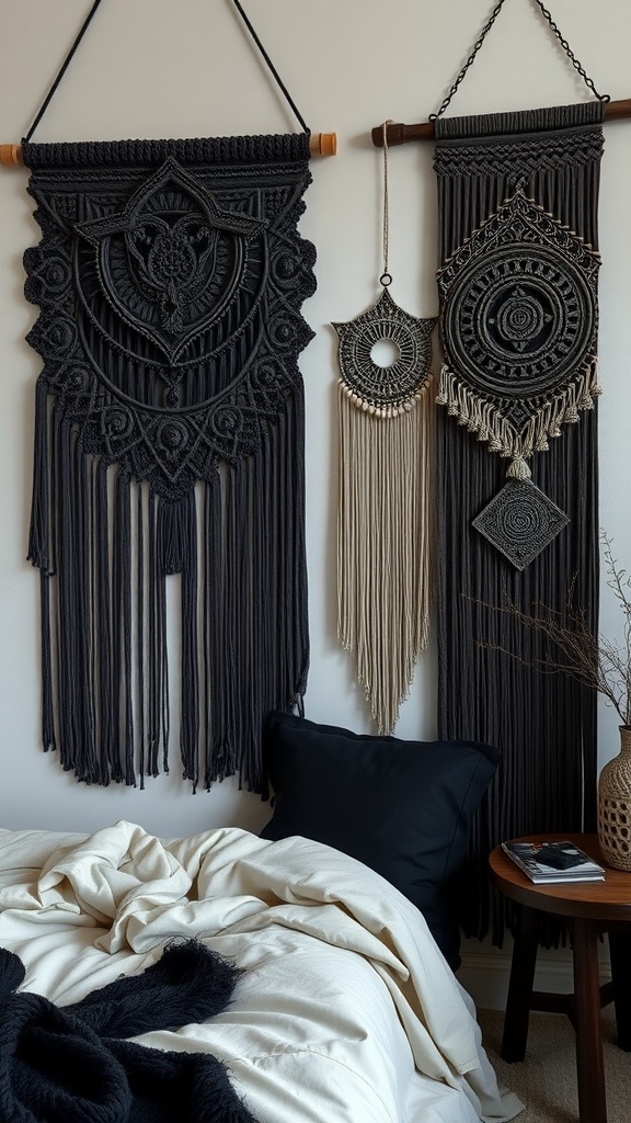 Stylish macrame wall hangings in a goth boho bedroom setting