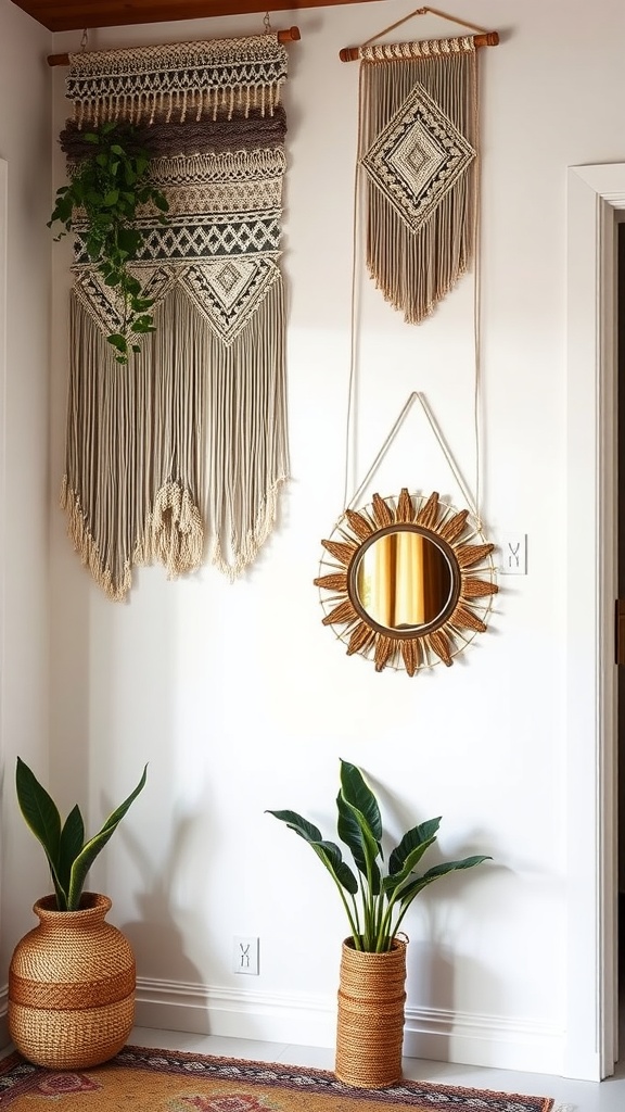 A boho-inspired entryway featuring macramé wall hangings, a mirror, and potted plants.