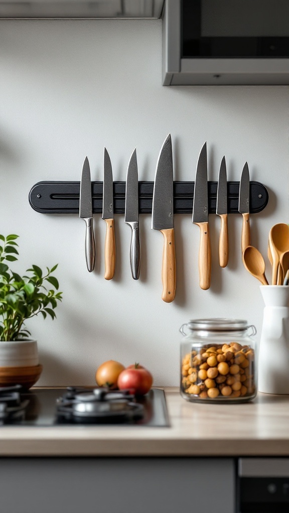 A magnetic knife strip on a wall displaying multiple knives with wooden handles, surrounded by a plant, tomatoes, and a jar of yellow balls.