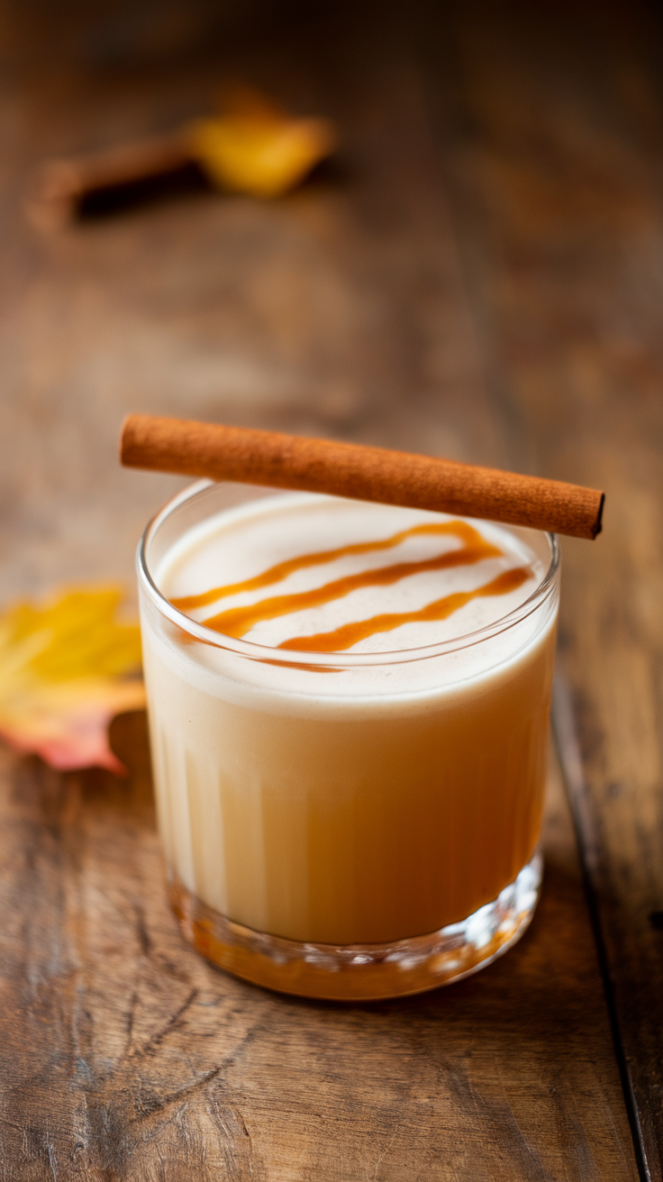 A Maple Cinnamon Bourbon Sour cocktail garnished with a cinnamon stick, sitting on a wooden table surrounded by autumn leaves.