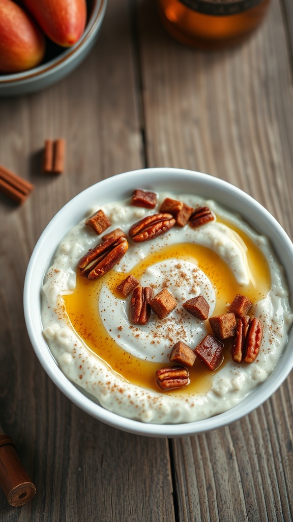 A bowl of Maple Cinnamon Pecan Overnight Oats topped with pecans and drizzled with maple syrup.