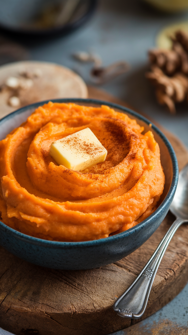 A bowl of mashed sweet potatoes topped with a pat of butter and a sprinkle of cinnamon.