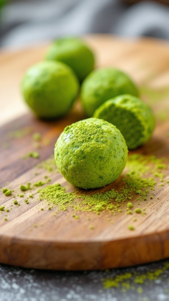 Matcha green tea protein balls on a wooden board