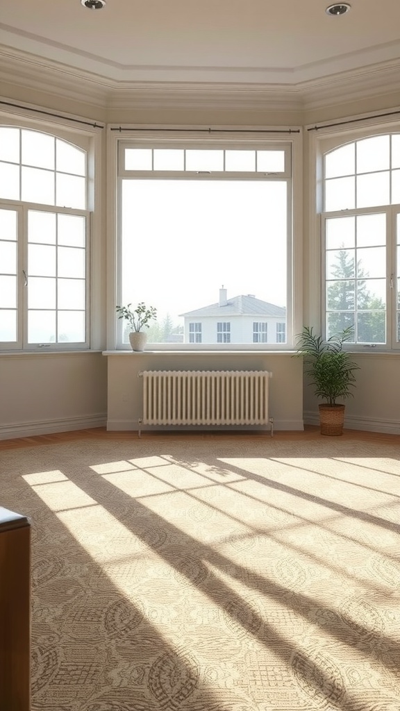 A bright bedroom with large windows allowing natural light to fill the space.