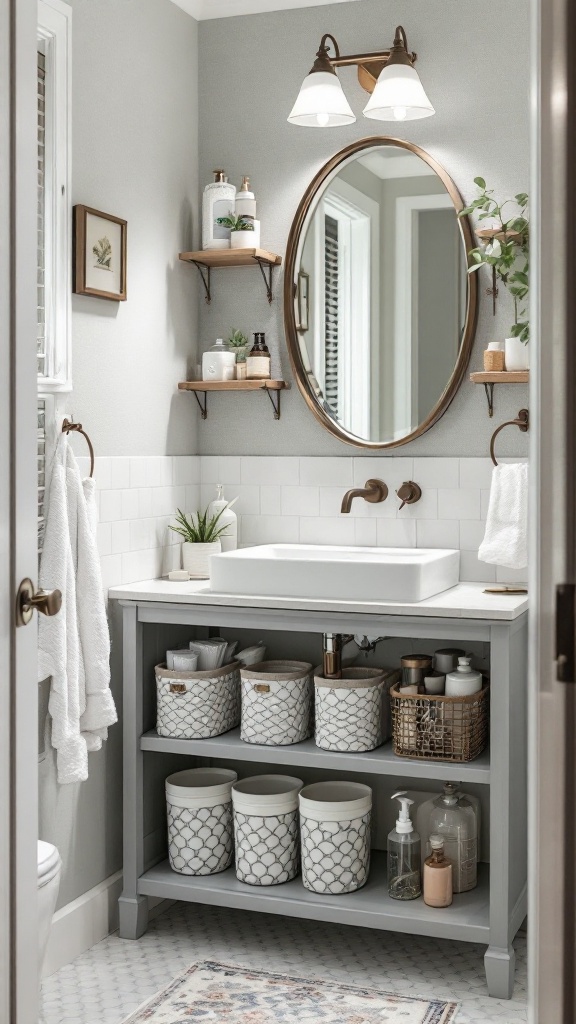 A well-organized small bathroom with a modern sink, shelves, and storage baskets