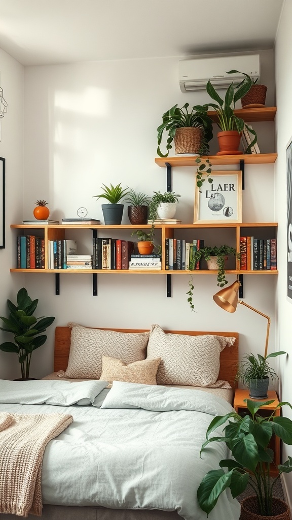 A tiny bedroom with shelves above the bed filled with plants, books, and decor.