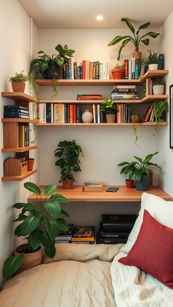 A cozy bedroom corner with wooden shelves filled with books and plants, a soft bed, and a small desk.