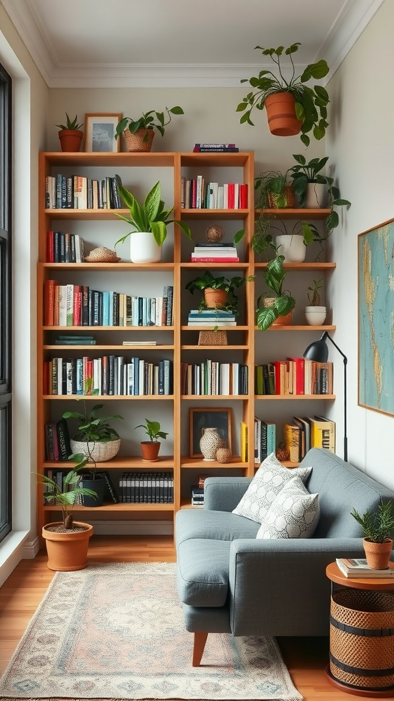 A cozy small living room with a wooden shelf filled with books and plants, alongside a comfortable gray sofa.