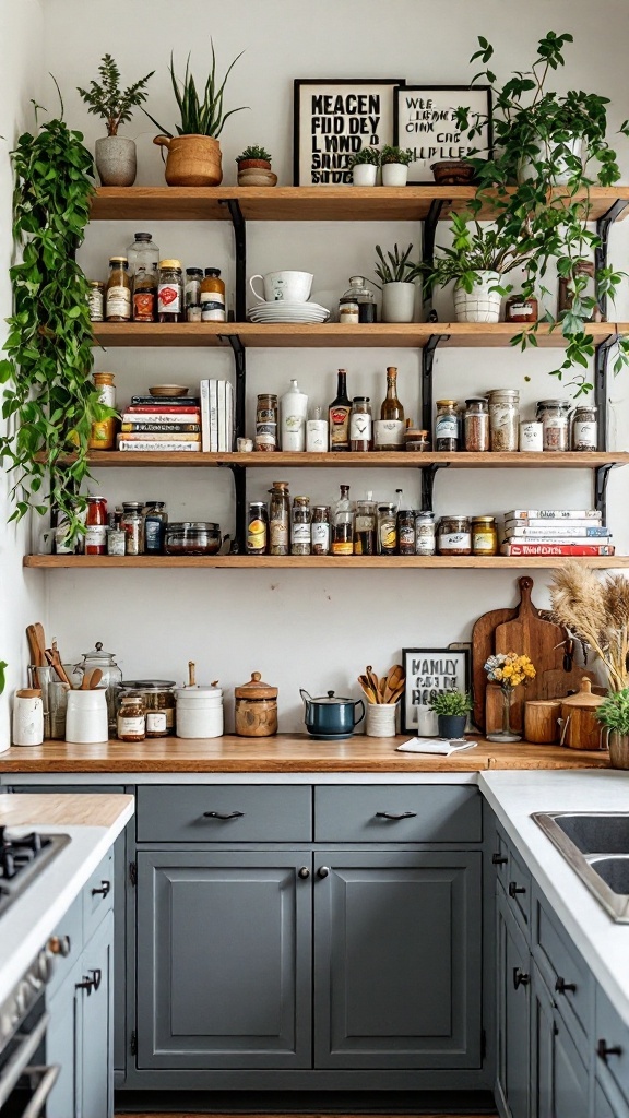 A cozy kitchen featuring open wooden shelves filled with jars, spices, and plants, enhancing vertical storage.