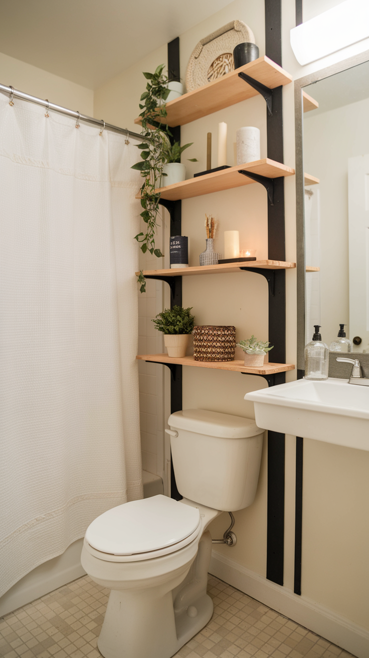 Stylish bathroom shelves with plants and decor above a toilet