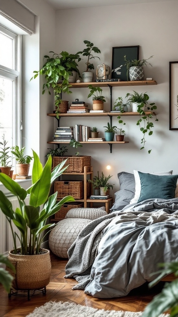 A cozy bedroom with floating shelves filled with plants and books, showcasing effective use of vertical space.