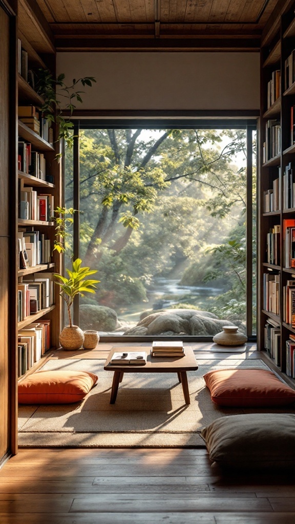 A serene reading nook with cushions and a low wooden table, surrounded by bookshelves and a large window with a view of nature.