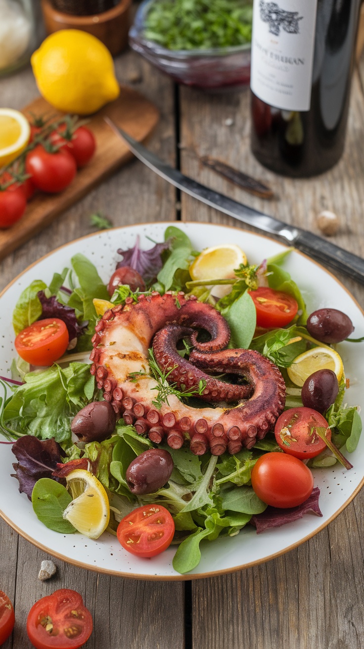 A colorful Mediterranean Grilled Octopus Salad with greens, cherry tomatoes, olives, and lemon slices.