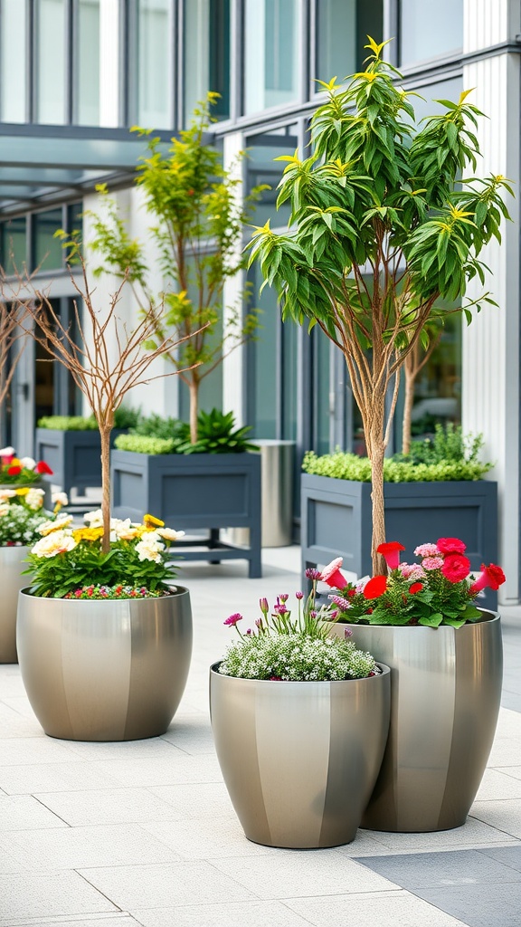 Metal sculptural planters filled with vibrant flowers in a modern outdoor setting.