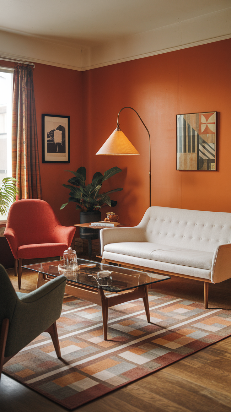 A cozy living room featuring mid-century modern furniture with orange walls and stylish decor.