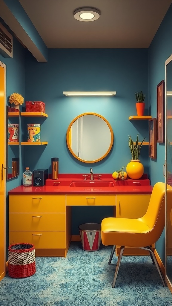 A colorful mid-century modern dressing room featuring a red sink, yellow drawers, and a round mirror on a blue wall.