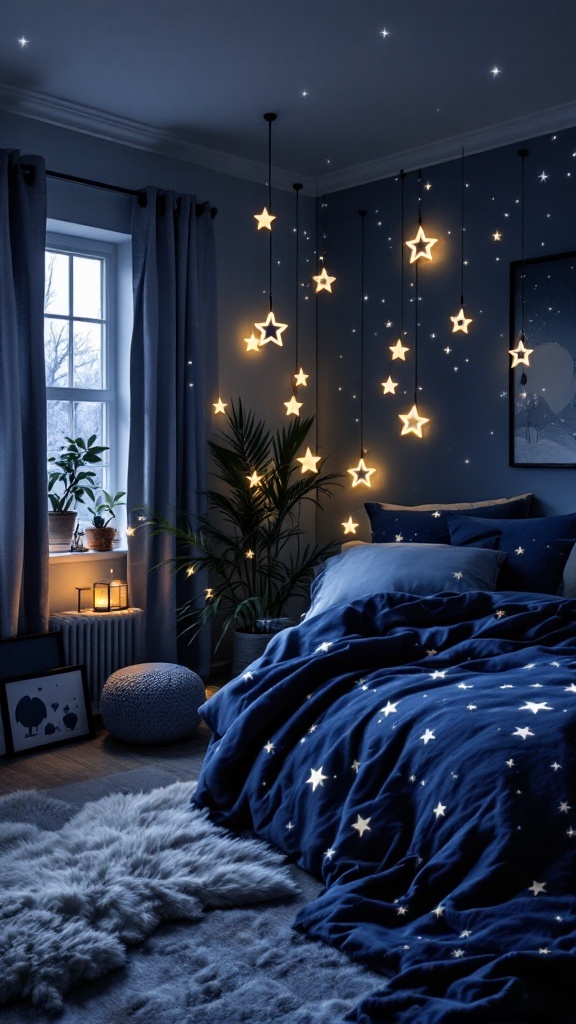 Cozy bedroom featuring midnight blue bedding with starry accents, star-shaped hanging lights, and green plants