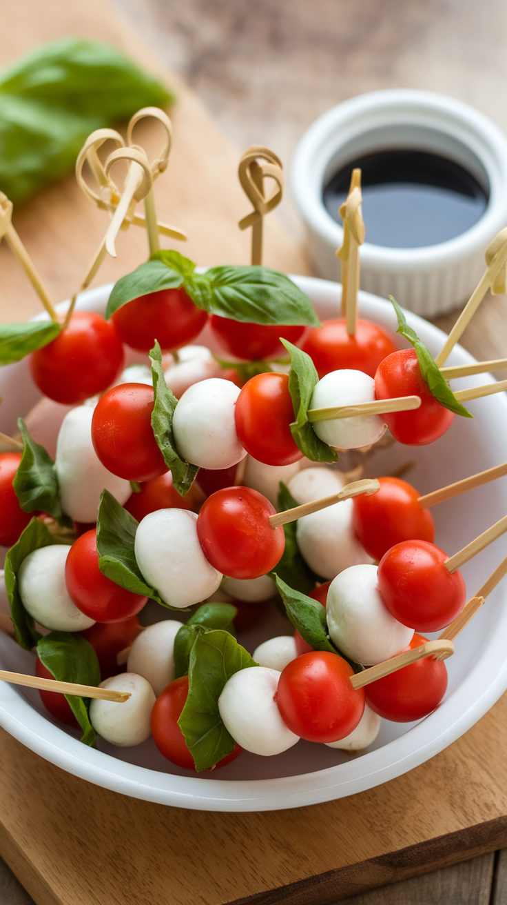 Mini Caprese skewers with cherry tomatoes, mozzarella, and basil drizzled with balsamic glaze.