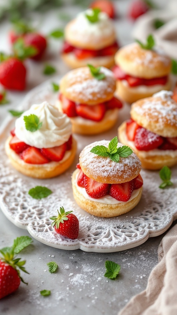 Mini strawberry shortcakes with fresh strawberries and whipped cream