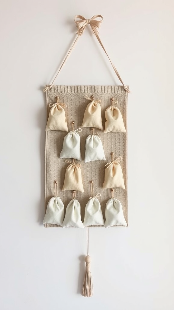 A minimalist advent calendar featuring soft fabric bags in neutral colors, hanging decoratively.