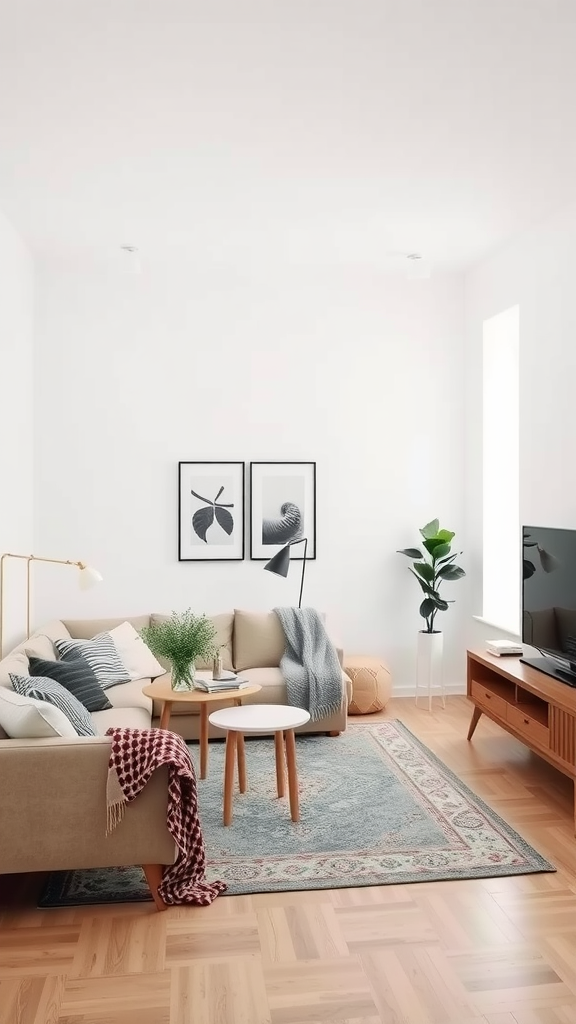 A minimalist small living room with a cozy couch, small coffee table, and plants.
