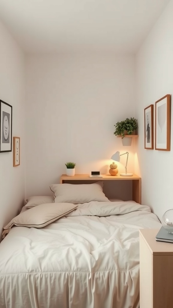 A minimalist tiny bedroom with a bed, shelf, and decor.