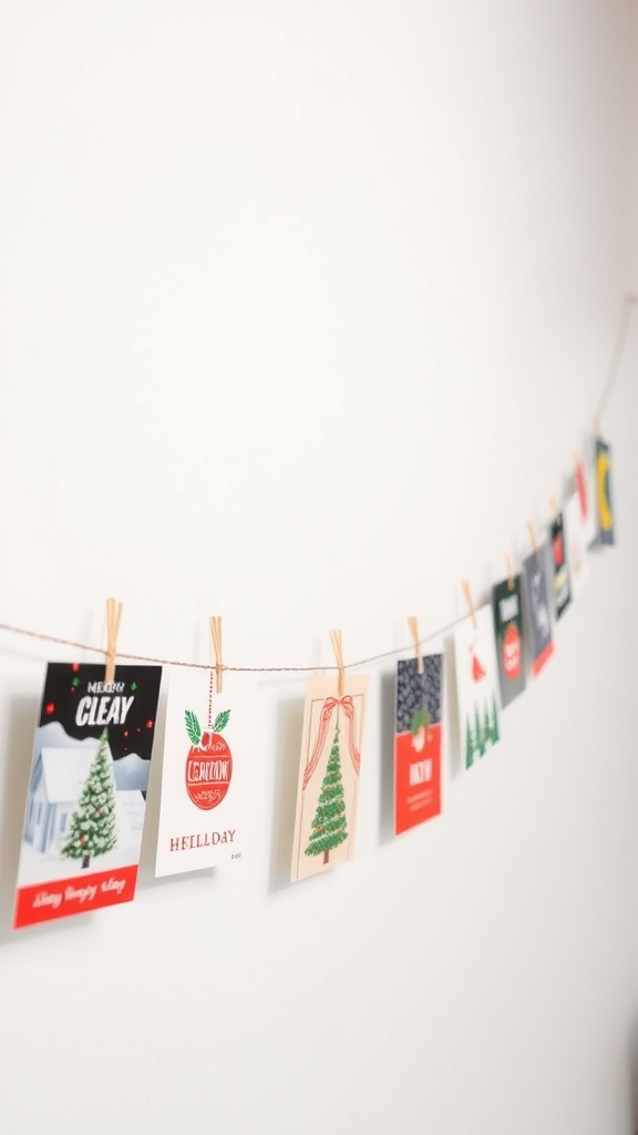 Minimalist holiday card display featuring various Christmas cards hanging on a string.