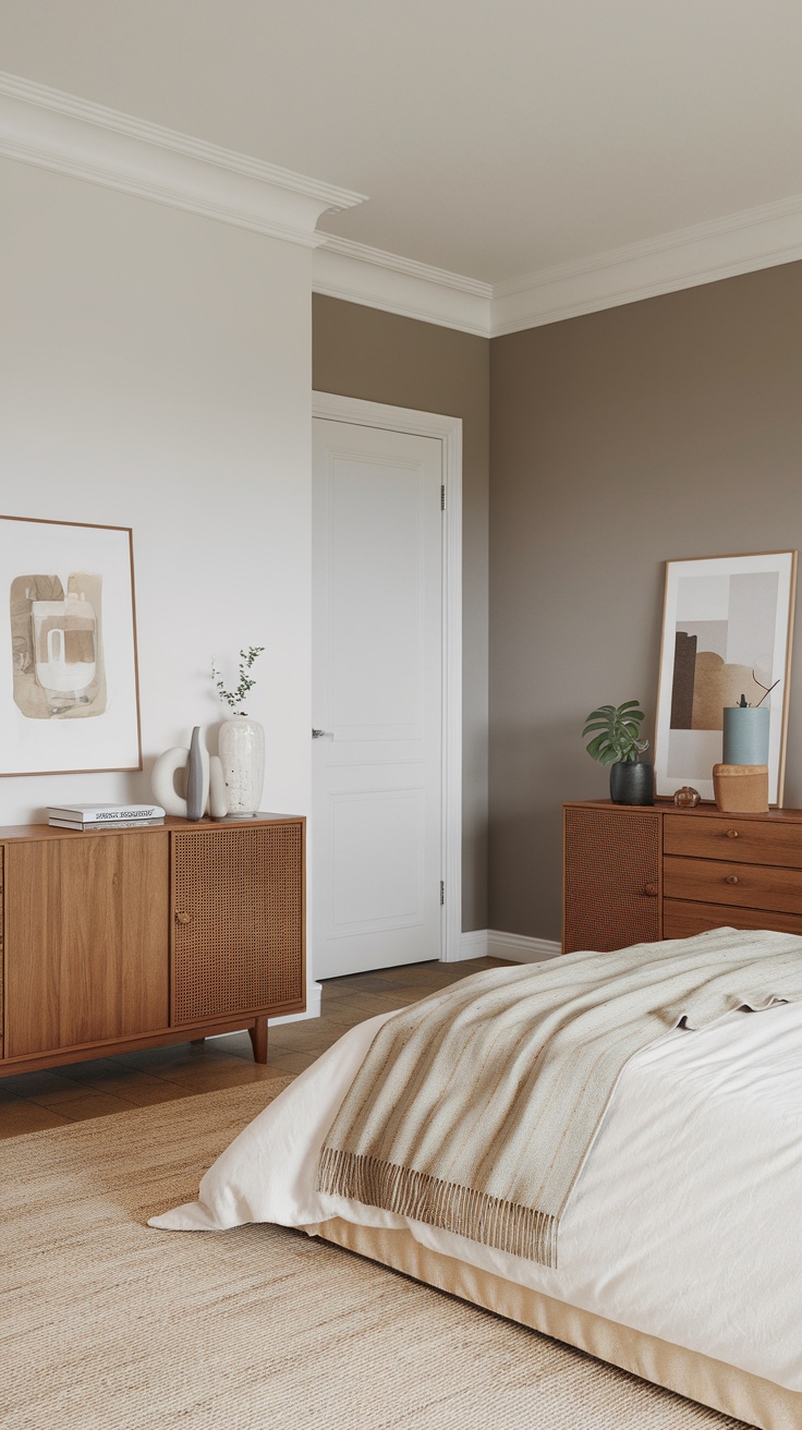 A minimalist rustic bedroom with wooden furniture, neutral colors, and decorative elements.