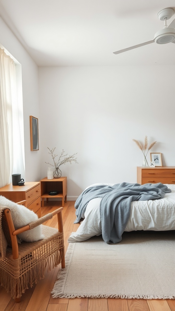 A minimalist Scandinavian bedroom featuring wooden furniture, neutral colors, and soft fabrics