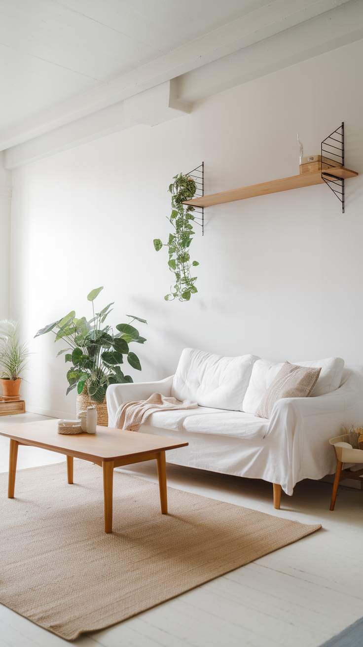 A cozy, minimalist Scandinavian living room with a white couch, wooden coffee table, and potted plants.