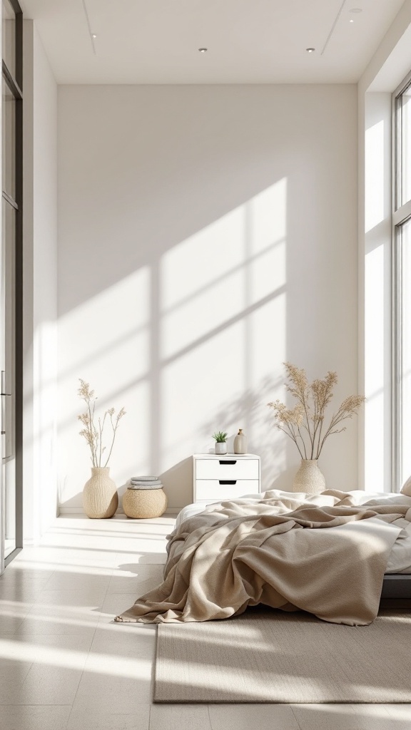 A minimalist bedroom with natural light, soft bedding, and simple decor.