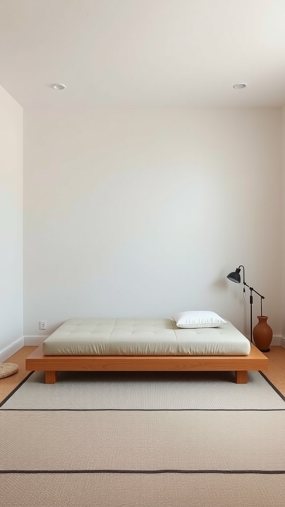 A minimalist zen bedroom with a wooden bed, soft bedding, and natural elements.