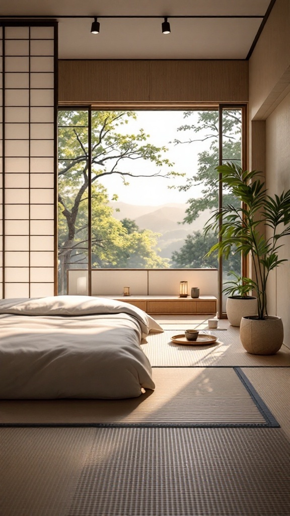 A serene Japanese style bedroom featuring a low bed, large windows, and natural decor elements.
