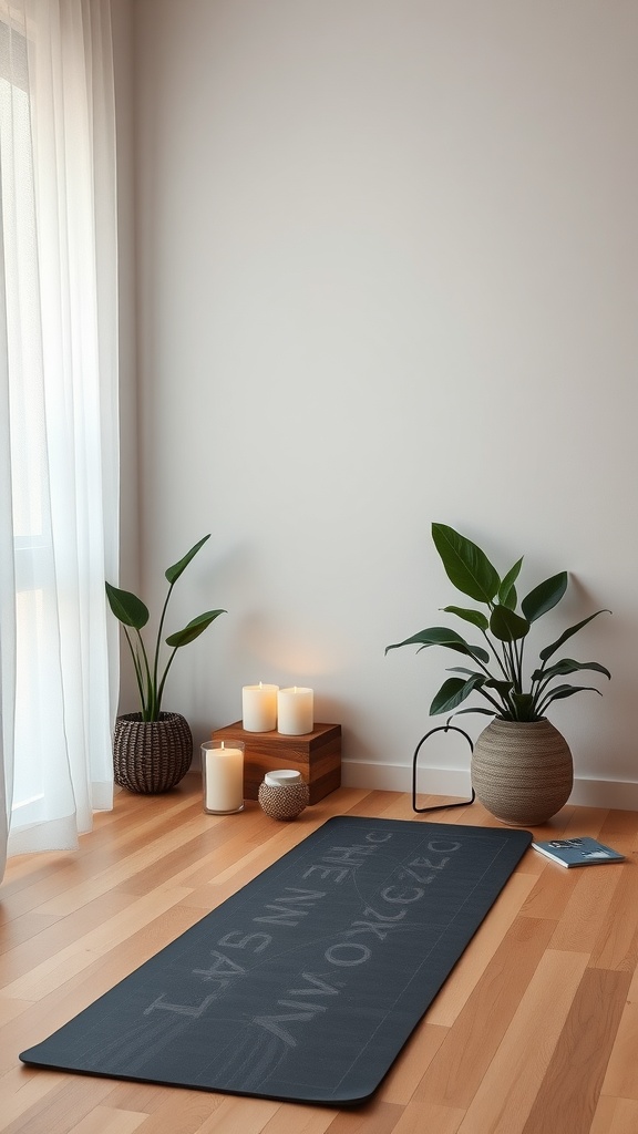 A minimalist zen space featuring a yoga mat, candles, and indoor plants in a serene setting.