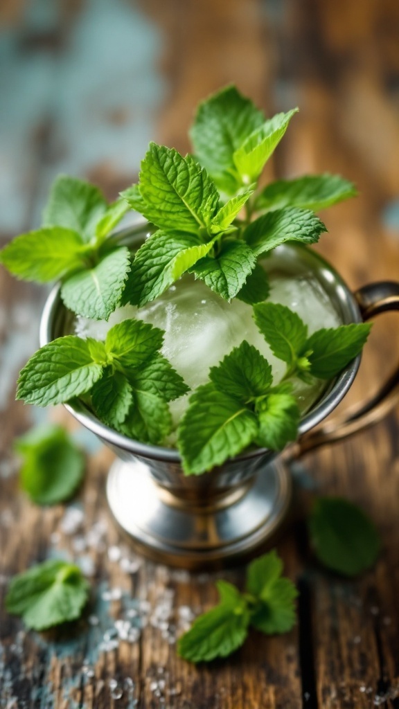 A refreshing Minty Green Tea Julep cocktail garnished with fresh mint leaves.