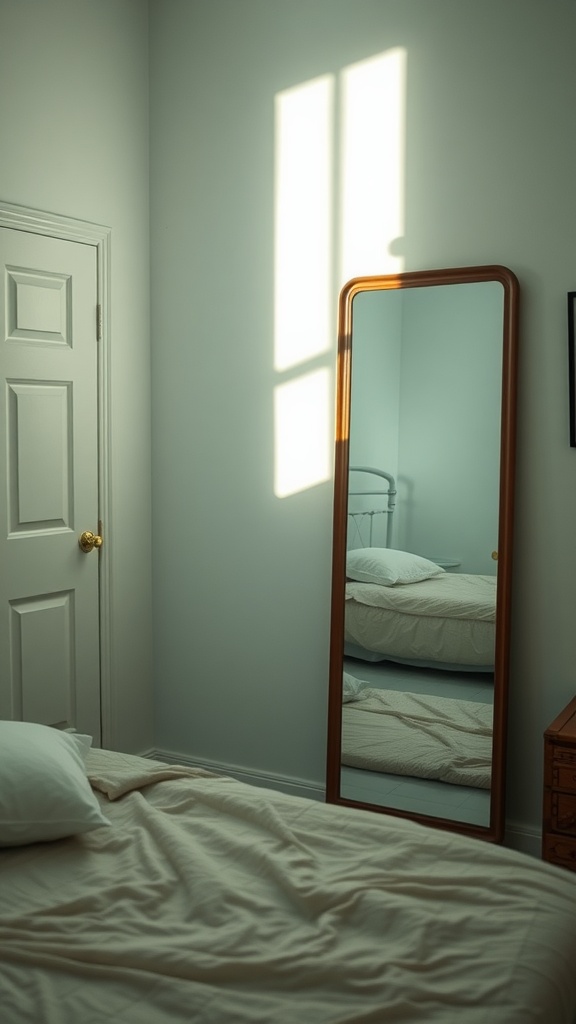 A cozy bedroom with a large mirror reflecting the bed and sunlight filtering through a window.