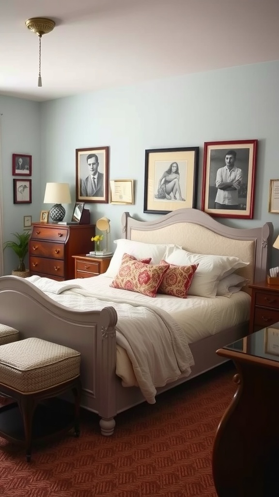 A cozy bedroom featuring a mix of vintage and modern decor, with classic furniture and contemporary art on the walls.