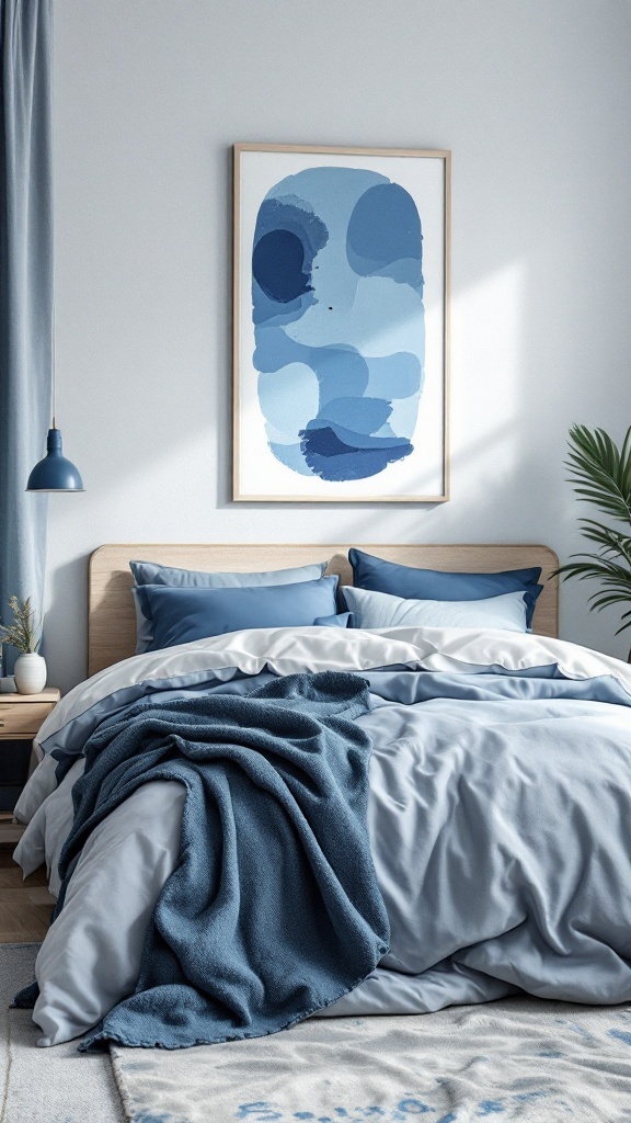 A stylish blue bedroom featuring mixed shades of blue bedding, decor, and artwork.