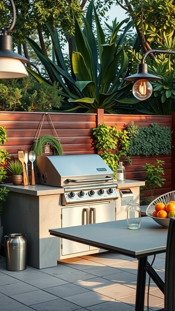 A sleek modern barbecue station surrounded by greenery.