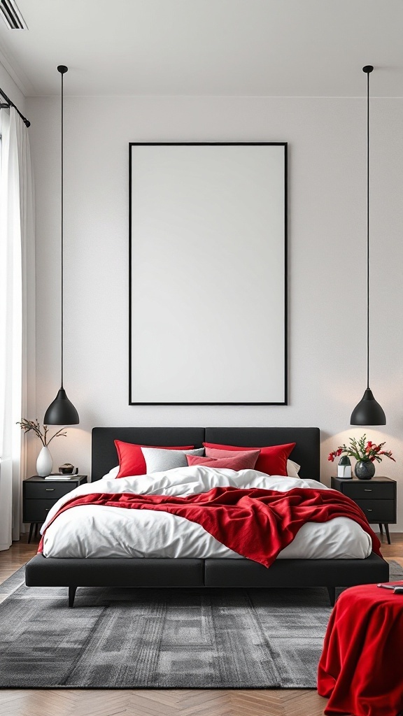 A modern black bed frame with red and white bedding in a minimalist bedroom
