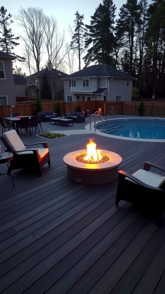 Modern composite deck with a fire pit and surrounding pool area