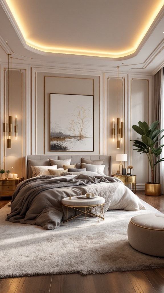 A modern glam bedroom featuring plush bedding, stylish lighting, and elegant decor.
