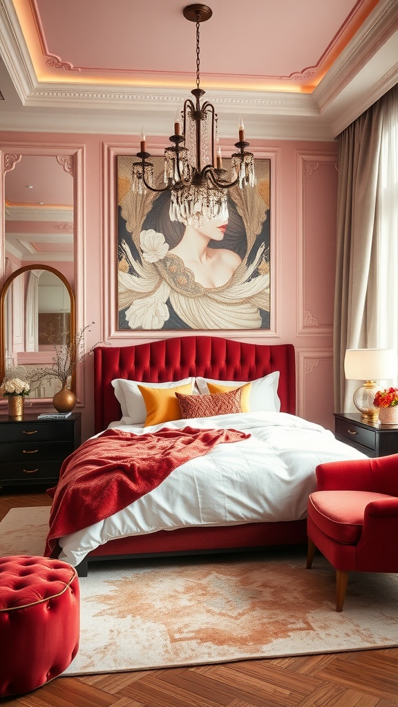A modern glam bedroom featuring a red velvet headboard, chandelier, and pink walls.