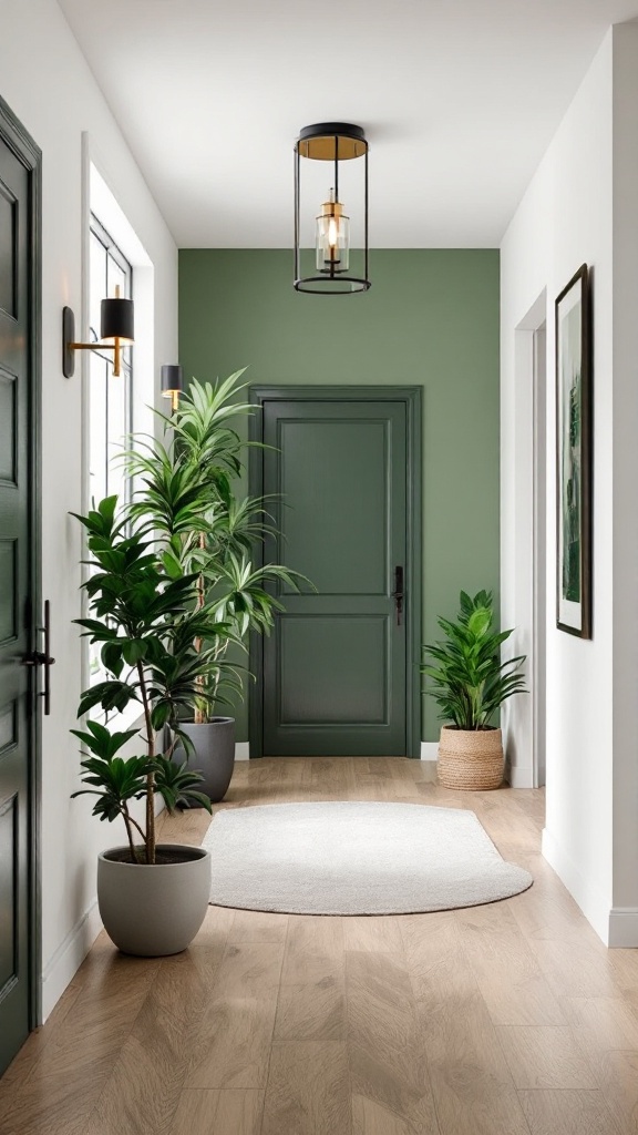 A modern entryway featuring green walls, plants, and stylish lighting.