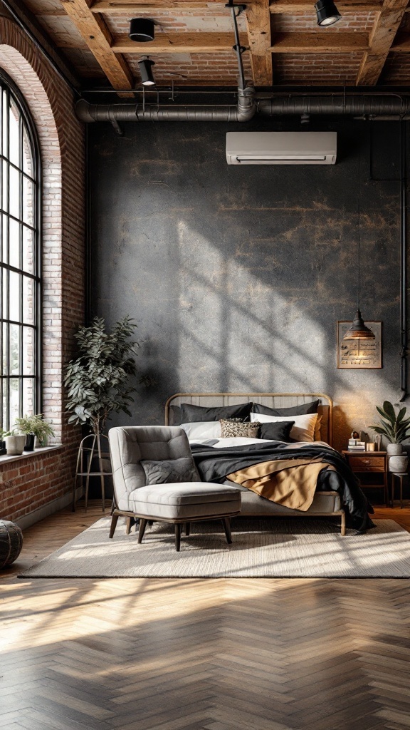 A modern industrial bedroom featuring exposed brick walls, large windows, and rustic decor.