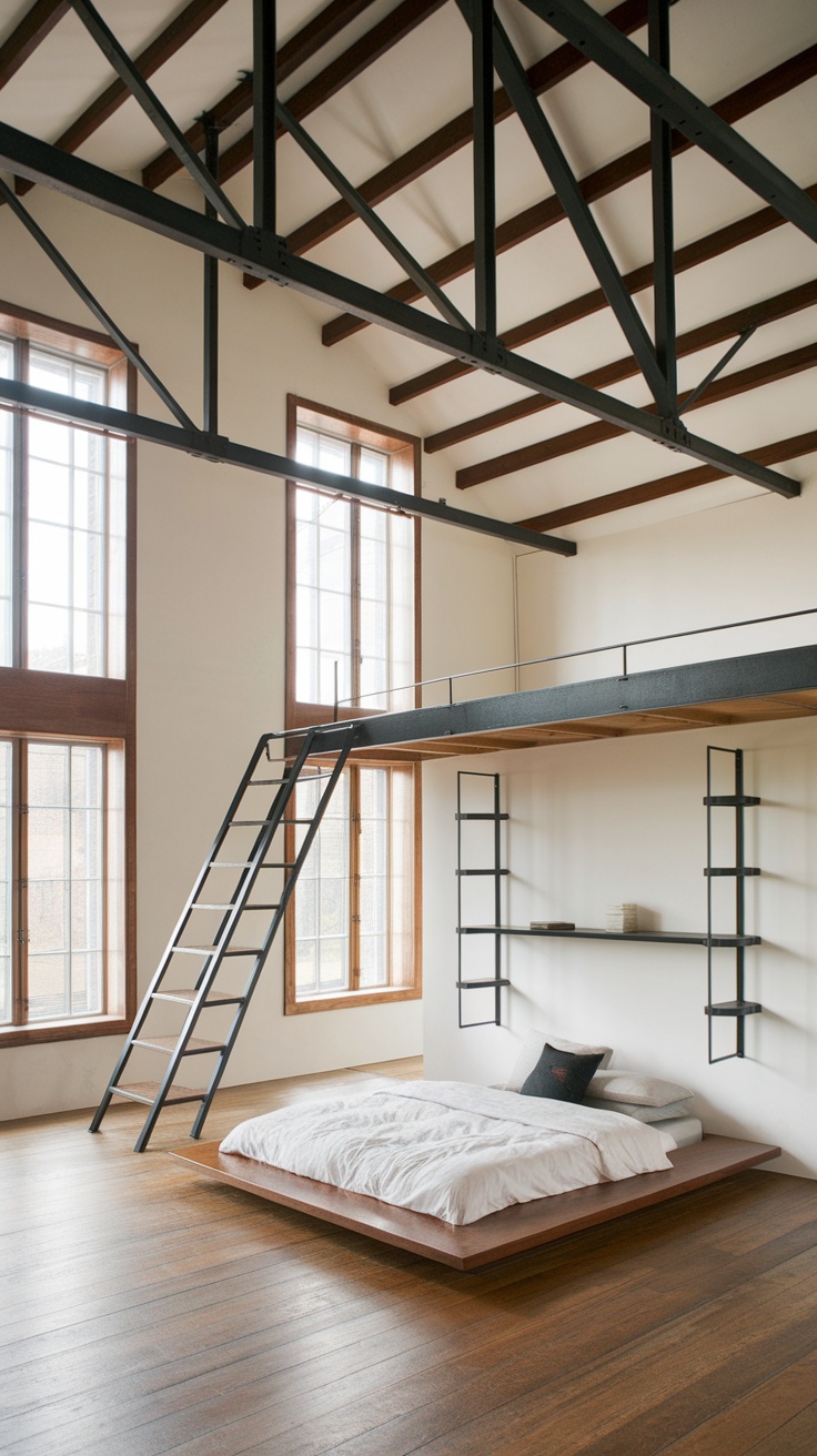 A modern rustic bedroom featuring a loft design with wooden beams, large windows, and a low platform bed.