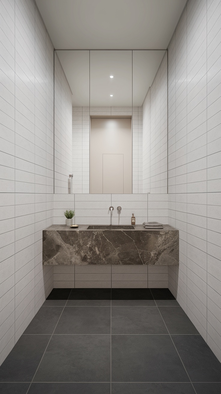 A modern minimalist bathroom featuring light-colored tiles, a dark stone sink, and simple decor.