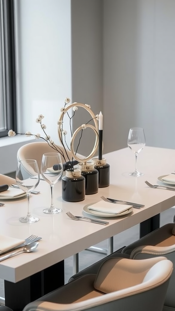 A modern dining table set with elegant decor and glassware