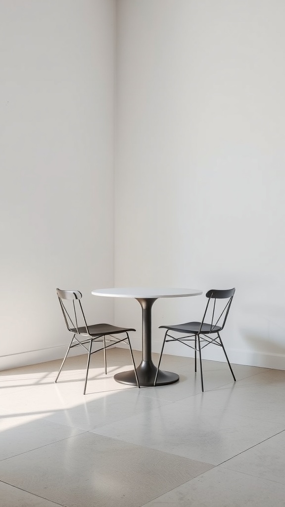 A modern minimalistic dining nook with a round table and two black chairs in a bright corner.